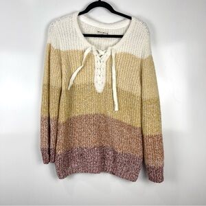 Idyllwind Knit Sweater Striped Lace Up Long Sleeve Neutral Women's Size Large